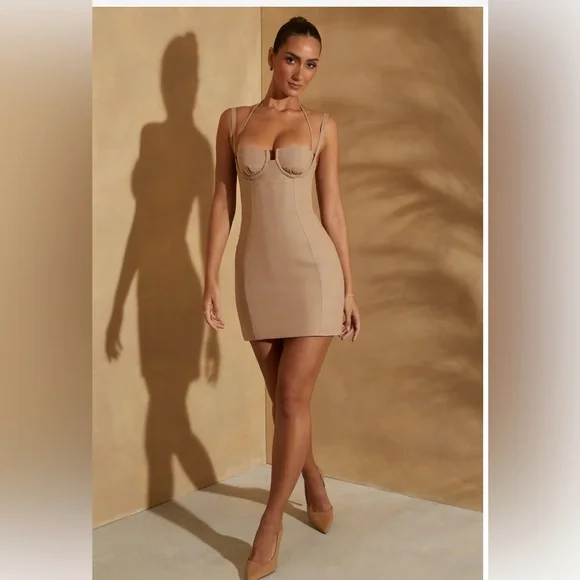 Tan Mini Dress Sleek Bodycon Design - Picture 2 of 5